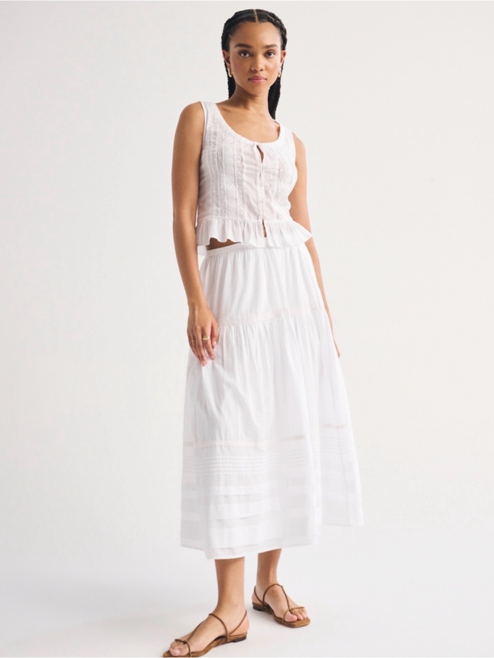 NWT Abercrombie & Fitch White Tiered Embroidered Midi Skirt (Tall Length)